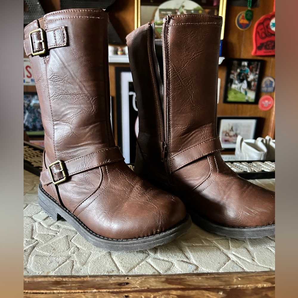 Girls Brown Moto Zip Up Tall Boots Size 1 US